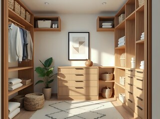 japandi style walk-in closet 3d render with geometric art and natural wood shelving in soft earthy palette