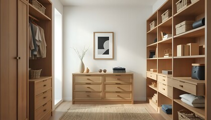 japandi style walk-in closet 3d render with geometric art and natural wood shelving in soft earthy palette