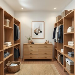 japandi style walk-in closet 3d render with geometric art and natural wood shelving in soft earthy palette