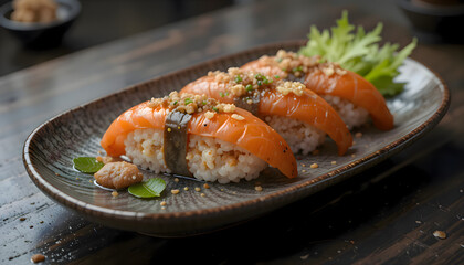 Plate of sushi placed on a wooden table showcasing Japanese food elements with artistic presentation and natural textures