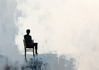 A solitary figure sits alone in a chair, against a textured background
