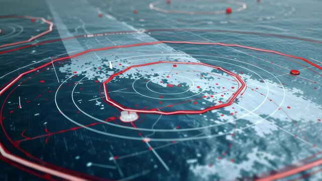 Futuristic marine radar system displaying navigation data, vessel locations, and potential hazards in a dynamic digital environment, enhancing maritime safety and efficiency