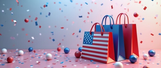 Obraz premium Independence Day with festive decorations and themed shopping bags in vibrant red, white, and blue
