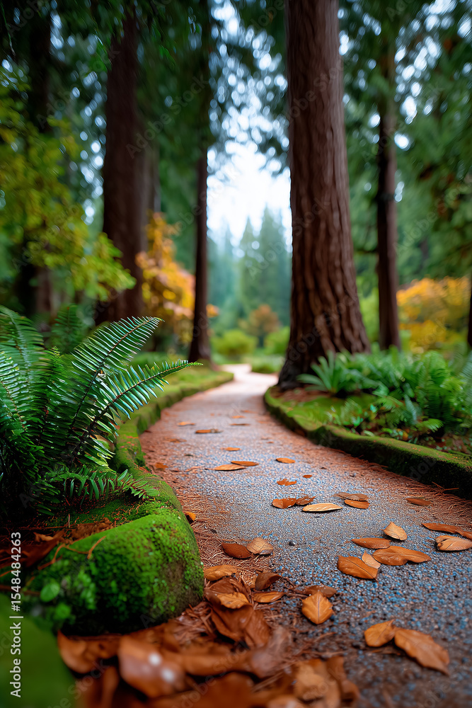 Aufkleber path meanders through serene forest with tall trees and colorful autumn foliage. soft light filters 