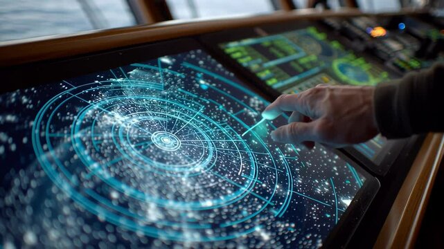 Ship captain plotting course on electronic chartplotter with digital nautical charts, gps, and radar data on bridge of modern vessel, ensuring safe and efficient navigation at sea