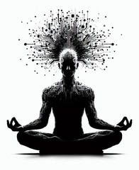 A black and white silhouette of a cyborg in a state of meditation who materializes his ideas on a white isolated background. vector graphics. EPS.