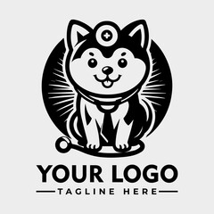 Cute dog wearing a doctor's cap and stethoscope in a circular frame, logo design.