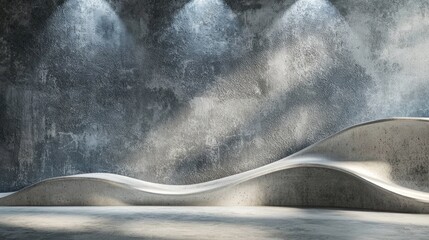Abstract gray concrete wall with curved structure and overhead spotlights