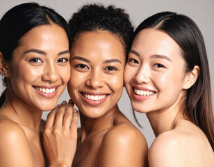 Three women with diverse skin tones and textures smile joyfully, showcasing their natural beauty and friendship. Their expressions radiate warmth and positivity, highlighting bond they share