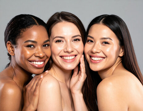 Bright smiles radiate joy among three diverse women showcasing different skin types, celebrating beauty and friendship in harmonious setting