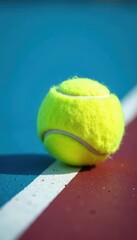 Single tennis ball on bright blue hard court Close-up view , ball, tennis