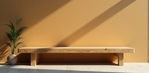 Smooth, polished wooden bench, minimalist design, neutral, furniture