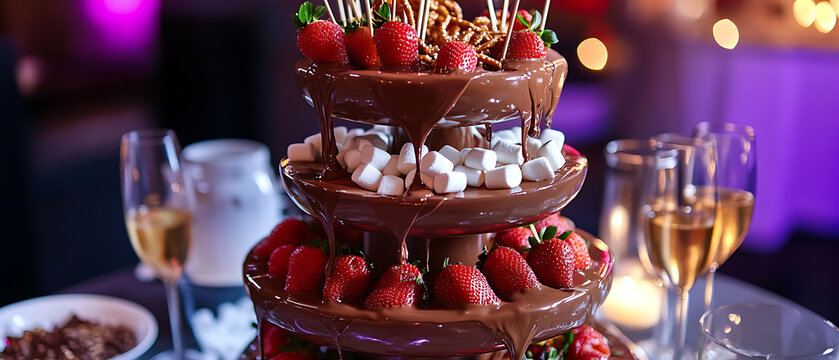 Three-tiered chocolate fountain with strawberries and marshmallows, served alongside champagne glasses at a festive event