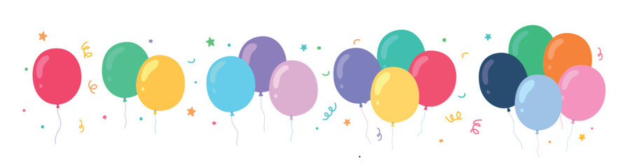 Bright and vibrant balloons with scattered confetti and stars. Ideal for birthday party decor, invitations, banners, and festive celebration designs.