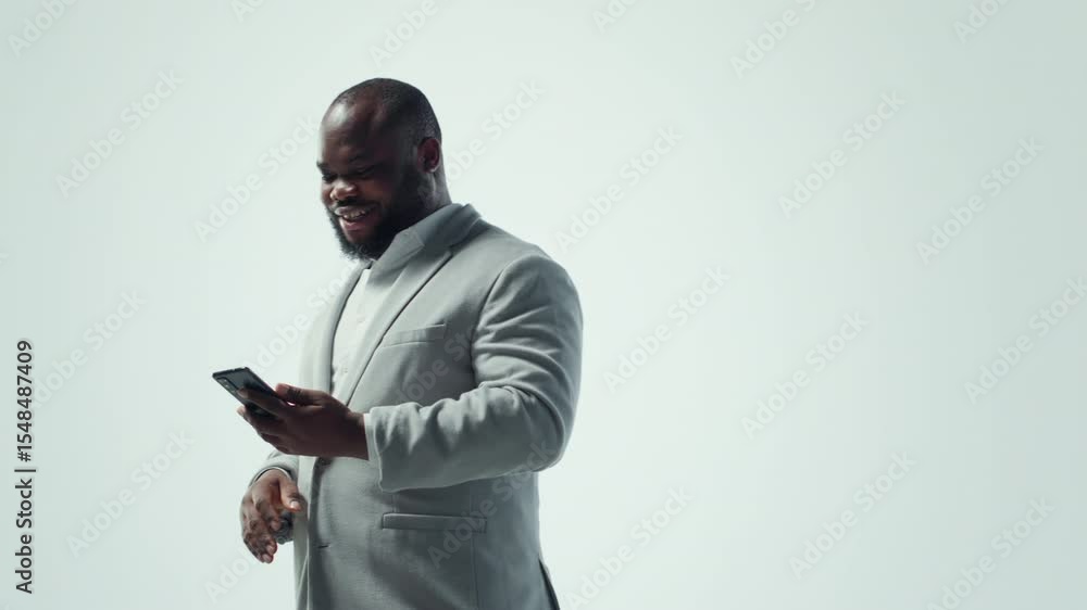 Poster happy person uses phone, unwinding with curated digital video content. joyous man browsing social ne