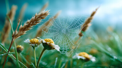 Dew glistens on intricate spider web among delicate wildflowers in tranquil meadow. Soft focus background captures serene atmosphere