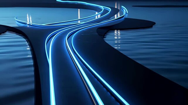 Futuristic Highway Interchange with Blue Lights Curving Over Calm Water Surface in Night Scene