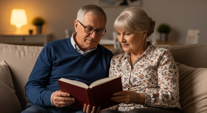 Senior couple reading a book together on a cozy sofa, sharing quiet moments in warm living room light, family bond and relaxation during retirement concept