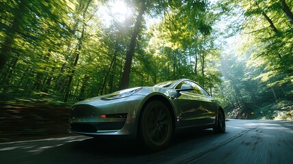 Car Driving on Road Through Forest