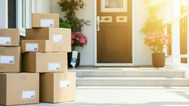 Multiple packages on doorstep with morning sunlight