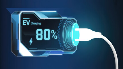 A blue and white sign with the word EV charging on it. The sign is 80% full