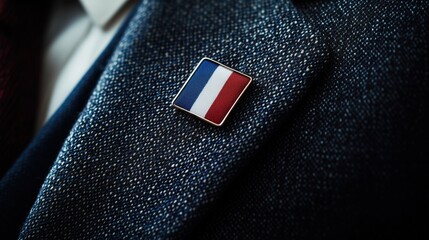 A close—up icon depicting the French tricolor — blue, white and red - is attached to the lapel of the jacket, symbolizing patriotism, diplomatic status or cultural identity of France.