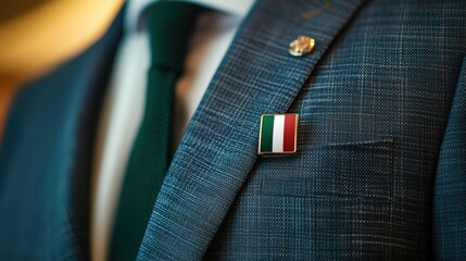A close—up icon with the Italian tricolor — green, white and red - on the lapel of an elegant jacket symbolizes belonging to Italy and respect for its culture and statehood.