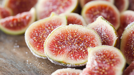 Close-up of sliced ​​fresh figs sprinkled with sugar. Perfect for food photography and culinary themes.