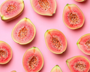 Fresh pink guavas cut in half on a pink background. Great for food photography, pattern design and bright color themes.