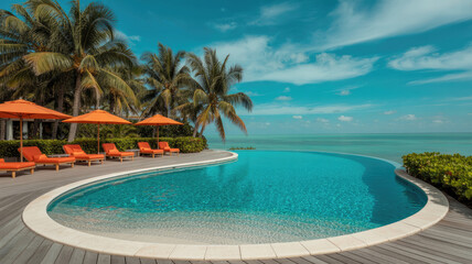 A pool with palm trees and umbrellas in the background. The pool is surrounded by chairs and is filled with water