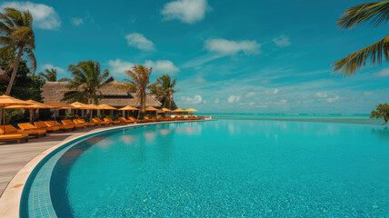 A pool with palm trees and umbrellas in the background. The pool is surrounded by chairs and is filled with water