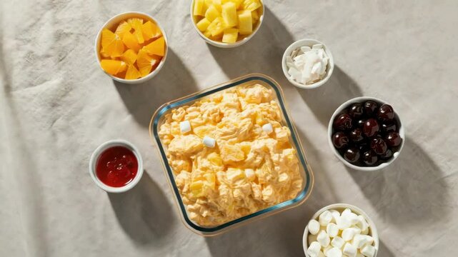 Creamy fruit salad with marshmallows, cherries, oranges, and pineapple chunks