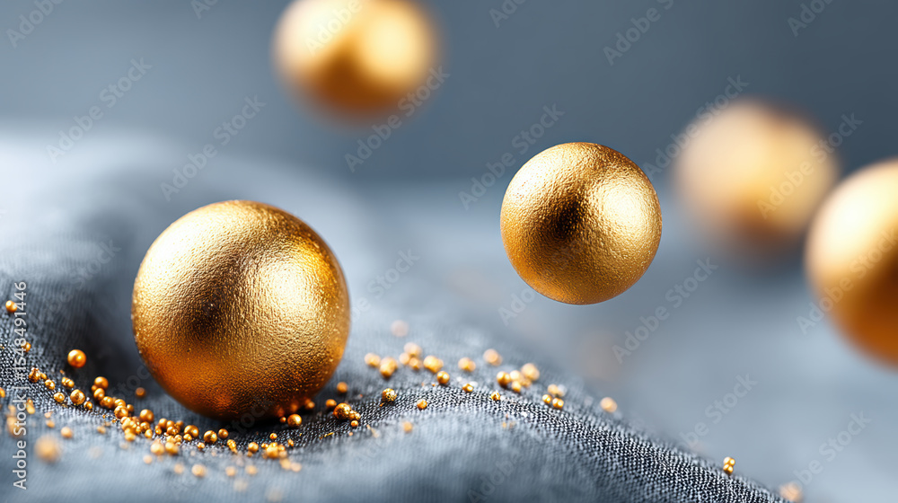 Aufkleber gold dust and shiny gold spheres in macro view create luxurious and elegant atmosphere with soft foc