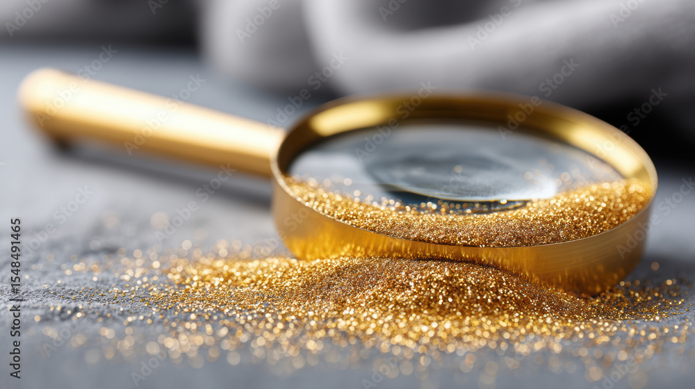 Poster gold dust sparkles under shiny magnifying glass in macro close up creating luxurious and elegant atm