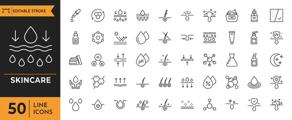Skin care outline icon set. Containing Skin care, Moisture cream, collagen, treatment, dermatology, and more. Editable stroke. Vector illustration.