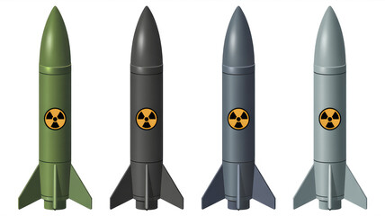 Four different colored rockets with the word "radiation" on them. The rockets are green, black, gray, and white