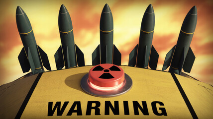 A warning sign is on top of a yellow object with five rockets on it. The rockets are black and red