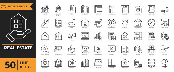 Real estate outline icon set. Containing House, building, rent, property, mortgage, renovation, home loan and more. Editable stroke. Vector illustration.