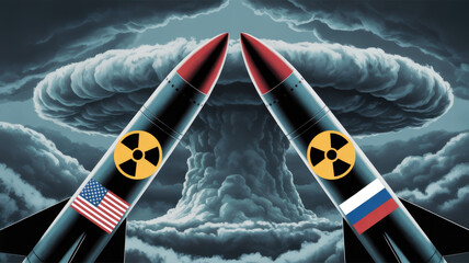 Two rockets are flying in opposite directions, one of which is labeled with a yellow and red warning sign