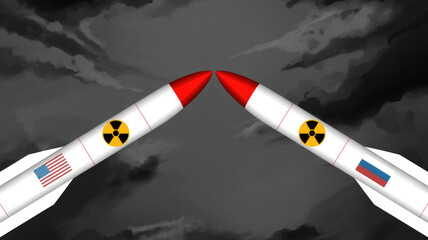 Two rockets are flying in opposite directions, one of which is labeled with a yellow and red warning sign