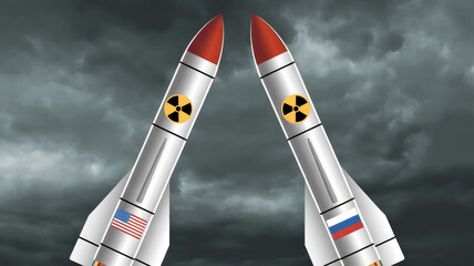 Two rockets are flying in opposite directions, one of which is labeled with a yellow and red warning sign