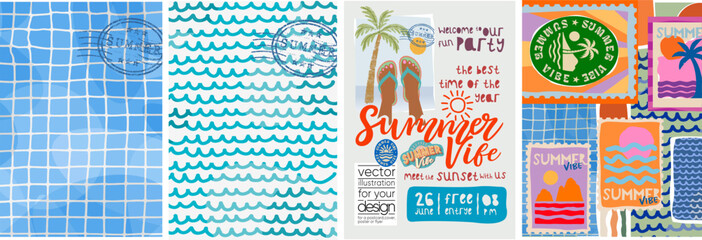 Obraz na płótnie Canvas Summer, pool, water. Vector illustrations of postage stamps and poster with beach, sunbathing feet in flip flops or sandals, palm tree, doodle wave pattern, pool tile texture for background, poster