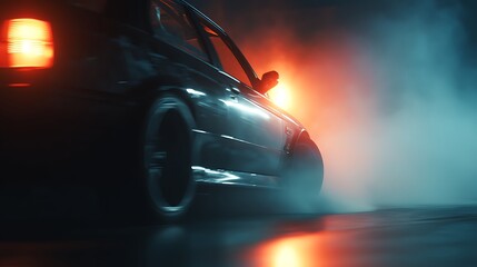 Dark Car Drifting with Smoke and Light