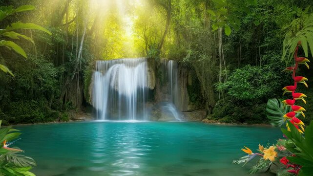 Tranquil waterfall surrounded by lush, tropical foliage Sunlight filters through dense greenery serene, turquoise pool lies below cascade