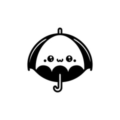 Cute, cartoon umbrella with happy expression, simple black and white design.