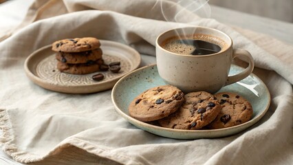 Coffee and Cookies Scene – Cozy Home Style Breakfast Setup with Linen Background