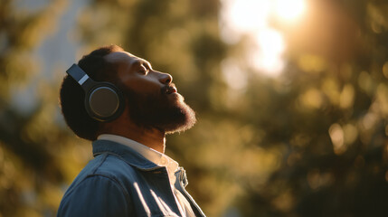 Black man enjoying music through noise-canceling headphones