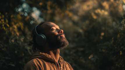 Black man enjoying music through noise-canceling headphones