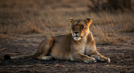 Lioness Resting on Dry Savannah Ground During Golden Hour