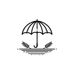Simple black and white illustration of an open umbrella, with decorative elements.